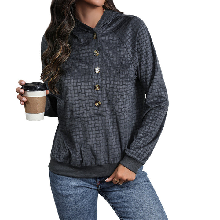 Damen Texturierter Kapuzenpullover mit Knopfleiste und Strukturmuster Drune