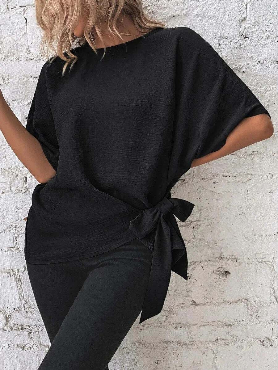 Damen Oversize-Bluse mit Seitenschleife und Fledermausärmeln Drune