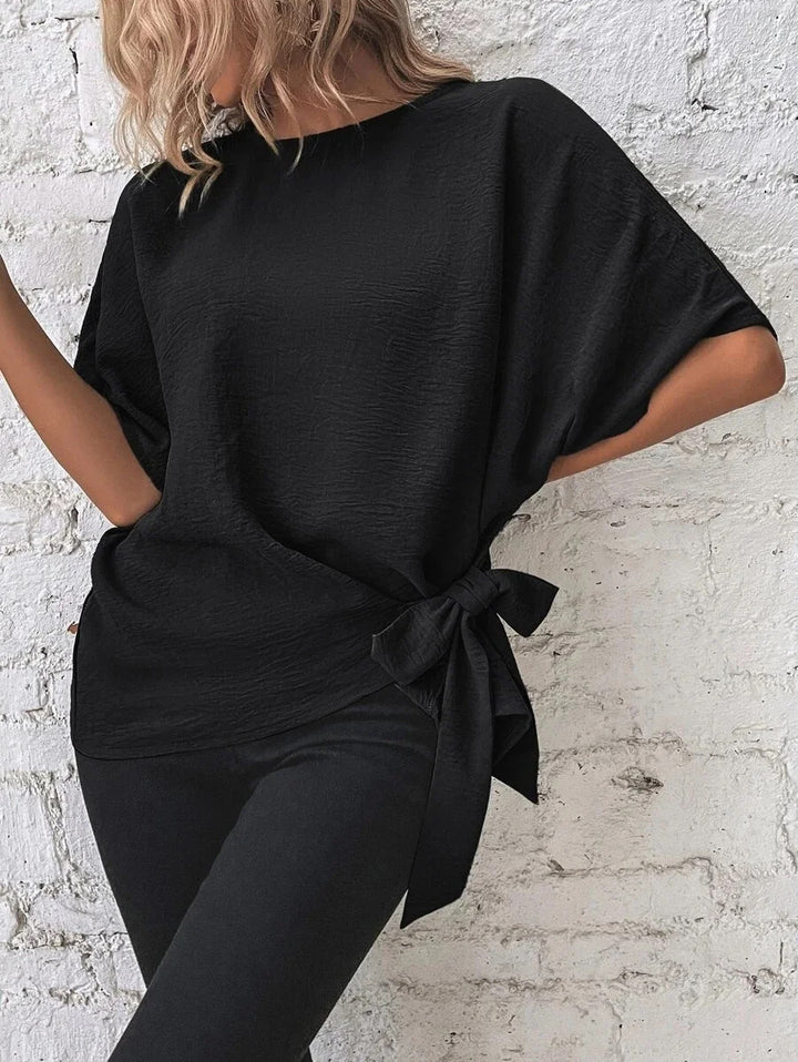 Damen Oversize-Bluse mit Seitenschleife und Fledermausärmeln Drune