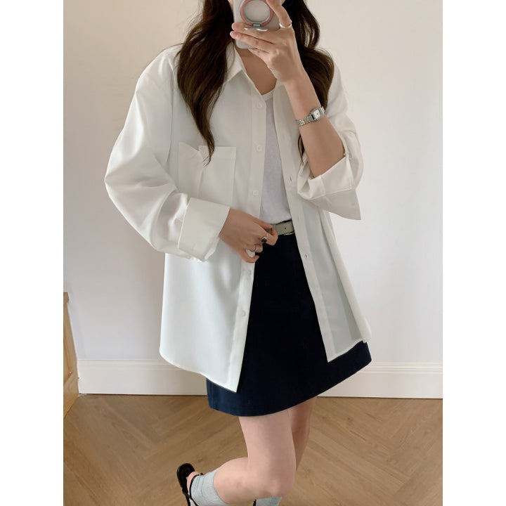 Damen Oversized Hemdbluse aus fließendem Material mit Brusttasche Drune