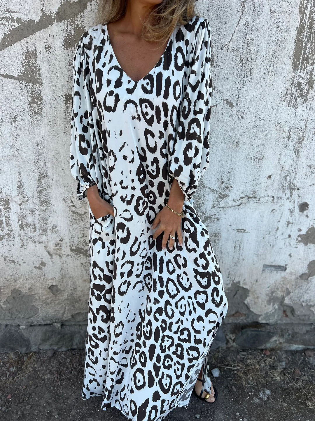 Damen V-Ausschnitt Maxikleid mit Seitentaschen und lockerer Passform Drune