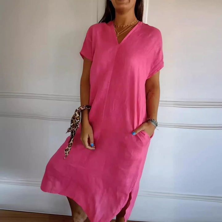 Damen Viskose-Leinen Kleid mit tiefem V-Ausschnitt und praktischen Taschen Drune