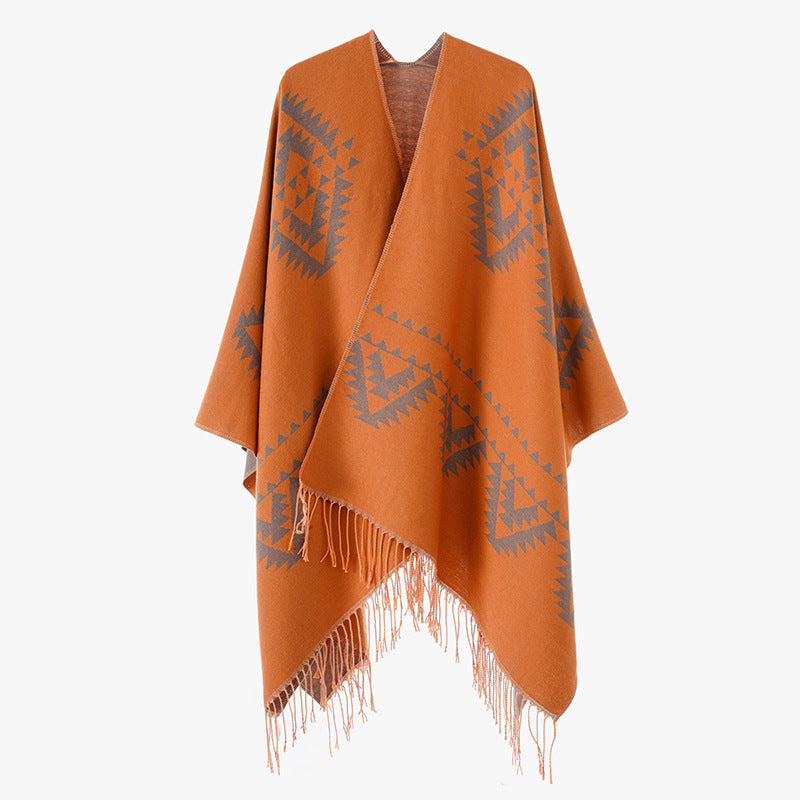 Damen Grobgewebter Jacquard-Umhang im Oversize mit Zipfelsaum und Fransensaum Drune