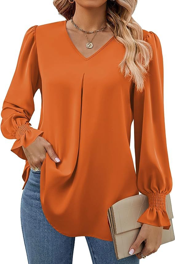 Damen elegante Bluse mit V-Ausschnitt und voluminösen Ärmeln Drune