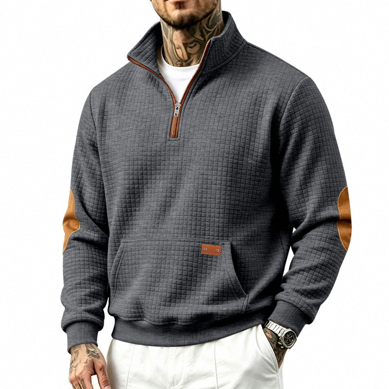 Herren Stehkragen-Halbzip-Sweatshirt mit karierter Reliefstruktur und Lederoptik-Ellenbogenpatches Drune