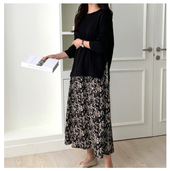 Damen nan lässiges Lagenkleid mit Sweatshirtoberteil und bedrucktem Midirock Drune