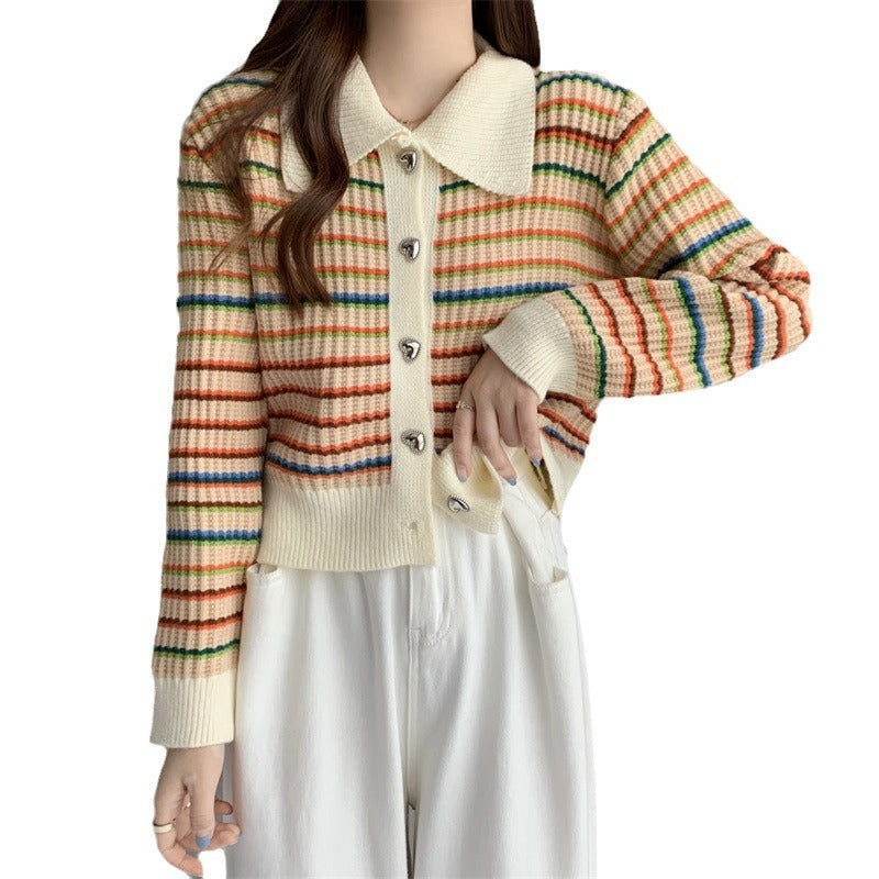 Damen gestreifte Strickjacke mit modischem Kragen und glanzvollen Knöpfen Drune