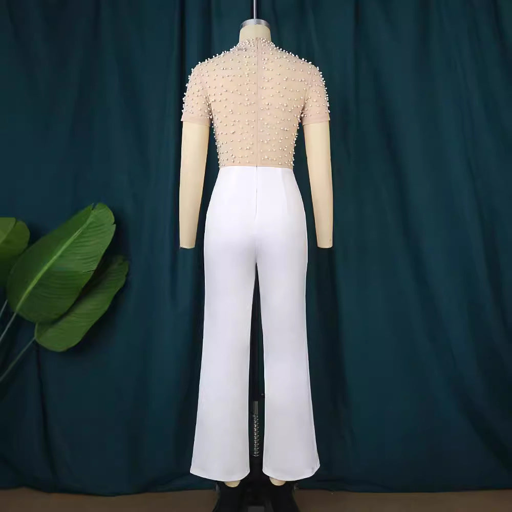 Damen eleganter Jumpsuit mit glitzernden Perlenakzenten Drune