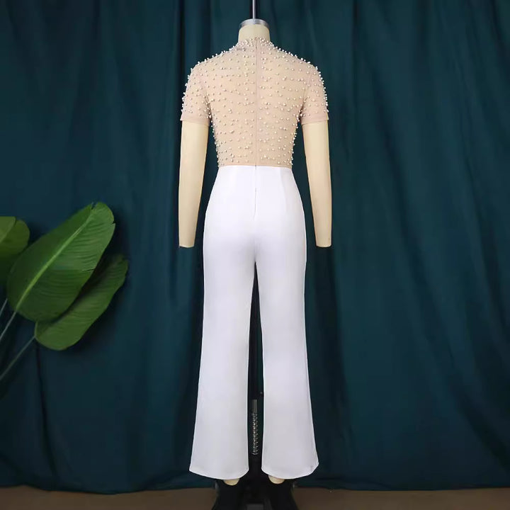 Damen eleganter Jumpsuit mit glitzernden Perlenakzenten Drune