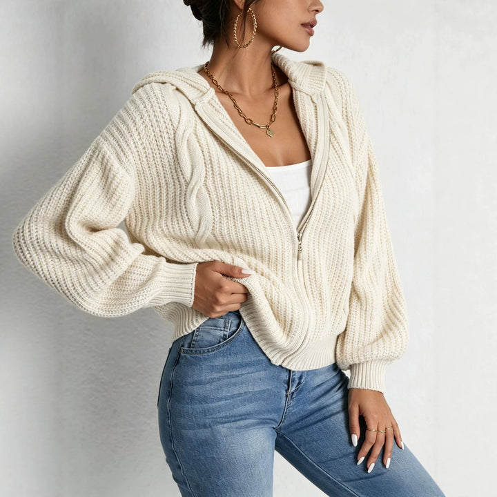 Damen Kapuzen-Cardigan im Grobstrick mit Zopfmuster und Reißverschluss Drune
