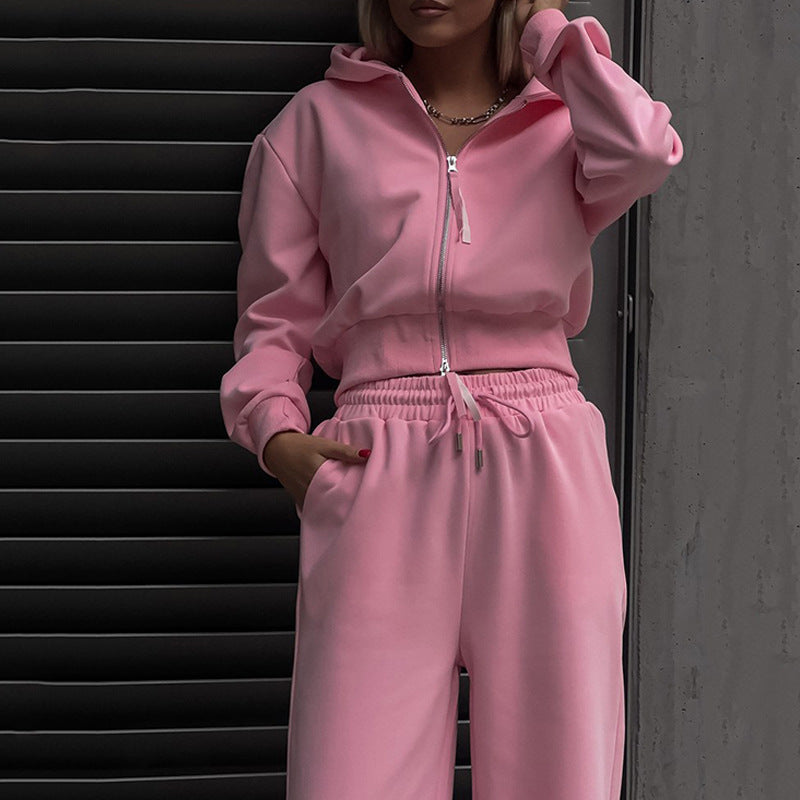Damen Zweiteiliges Loungewear-Set mit kurzem Zip-Bomber und weiter High-Waist-Palazzohose Drune