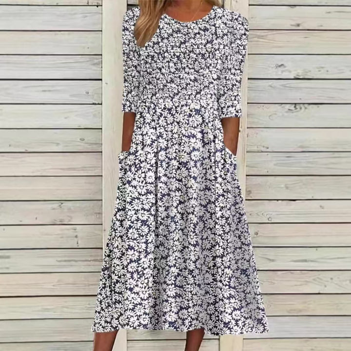 Damen nan Midikleid mit gerafftem Smock-Oberteil, Ellenbogenärmeln und praktischen Eingrifftaschen Drune