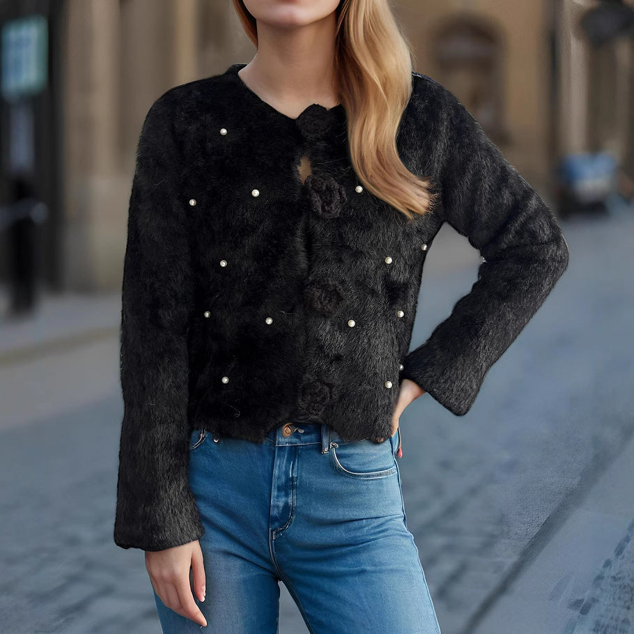 Damen Strickjacke mit floralen Applikationen und perlverzierter Detail Drune