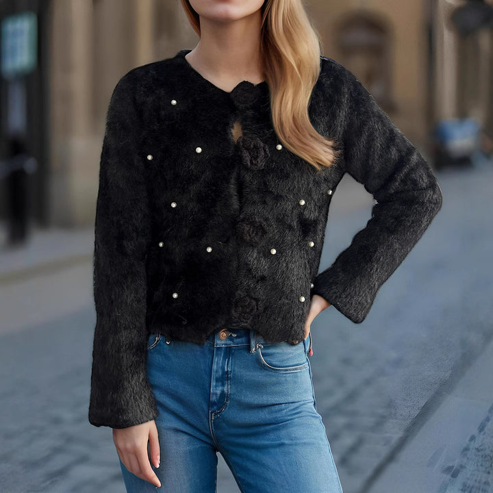 Damen Strickjacke mit floralen Applikationen und perlverzierter Detail Drune