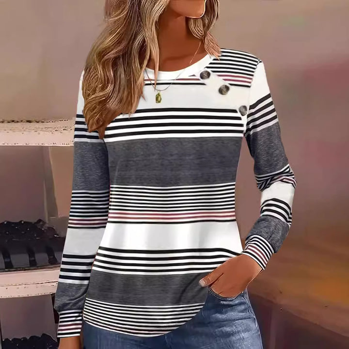 Damen Langarmshirt mit maritimem Streifenmuster und dekorativen Knopfdetails Drune