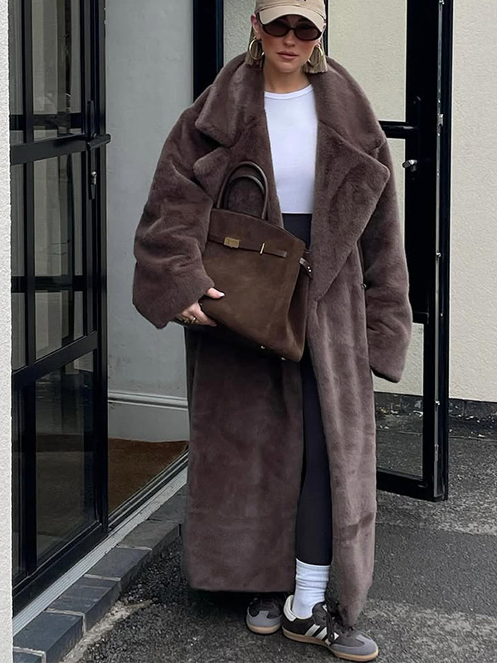Damen Oversize Kunstfell-Maximantel mit weitem Revers Drune
