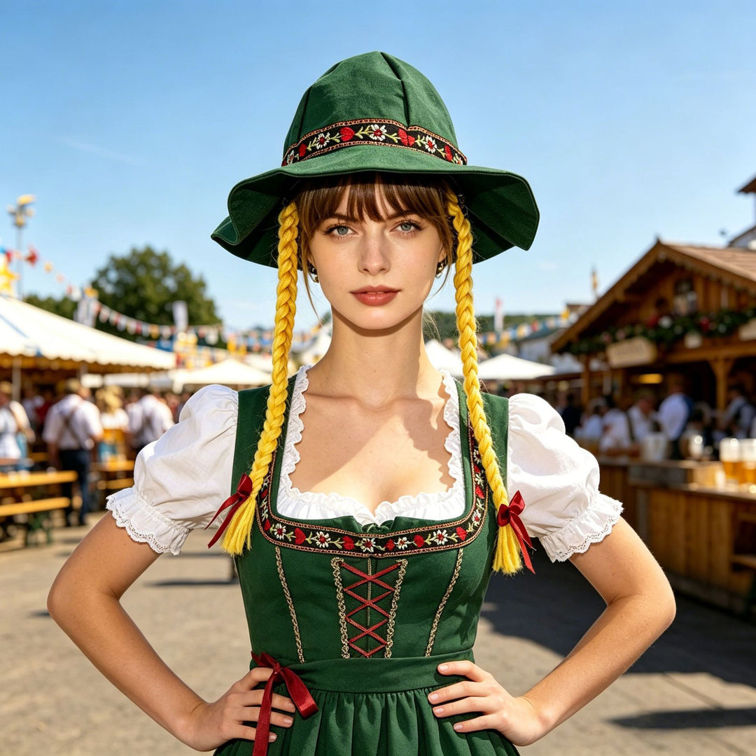 Damen nan verspielter Sonnenhut mit geflochtenen Zöpfen, besticktem Stirnband und breiter Krempe Drune