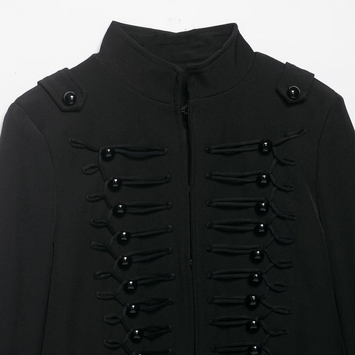 Damen Cropped Militärblazer mit Stehkragen und dekorativen Froschverschlüssen Drune