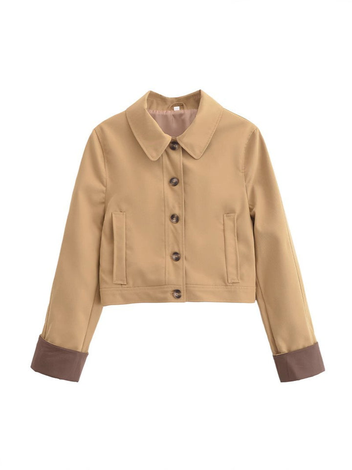 Damen Cropped Utility-Jacke mit Hemdkragen, kontrastierten Umschlagmanschetten und durchgehender Knopfleiste Drune