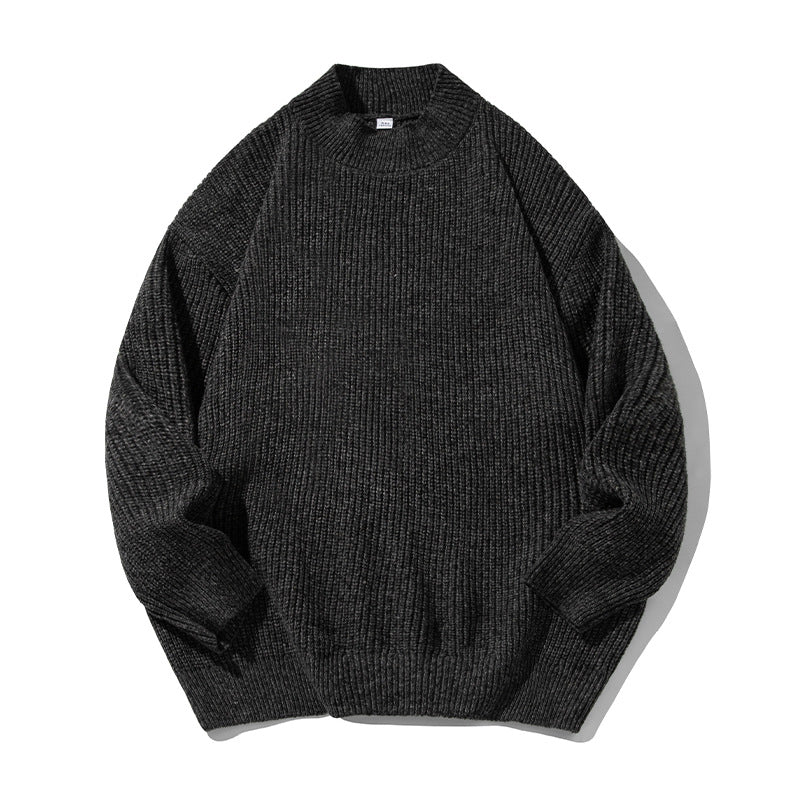 Unisex Oversize Grobgestrickter Pullover mit geripptem Stehkragen und Chenille‑Melange Drune