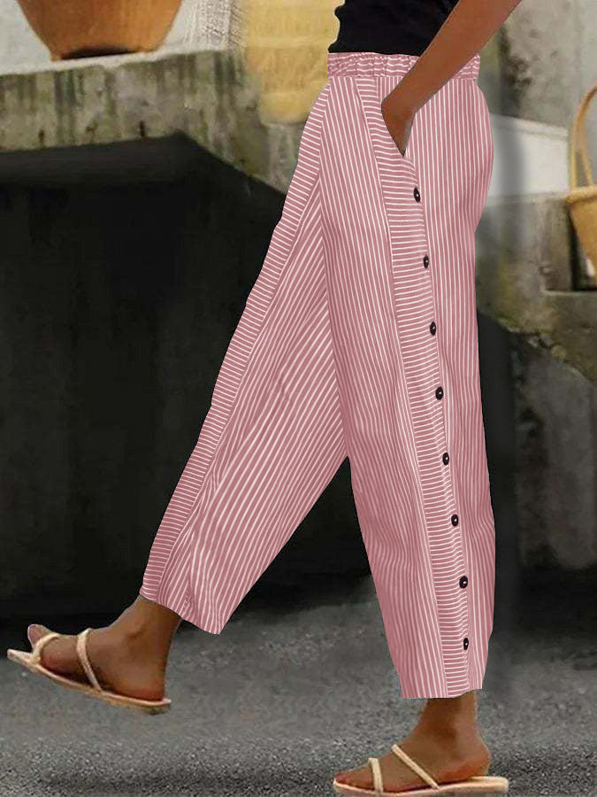Damenweite Culotte-Hosen mit Paperbag-Taille, Knopfleiste und Seitentaschen Drune