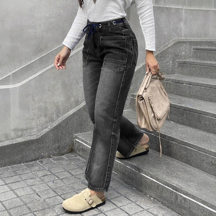 Damen Hochtaillierte Jeans mit geradem Bein, Tunnelzugbund und aufgesetzten Taschen Drune