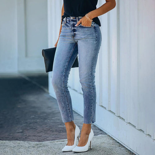 Damen Figurbetonte Hochtaillierte Knöchellange Jeans mit leicht ausgefranstem Saum Drune