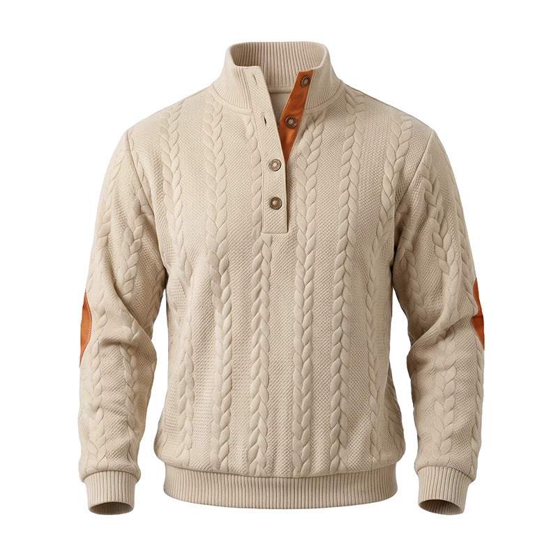 Herren Troyer-Pullover mit Zopfmuster, Ellbogen‑Patches und kontrastierter Knopfleiste Drune
