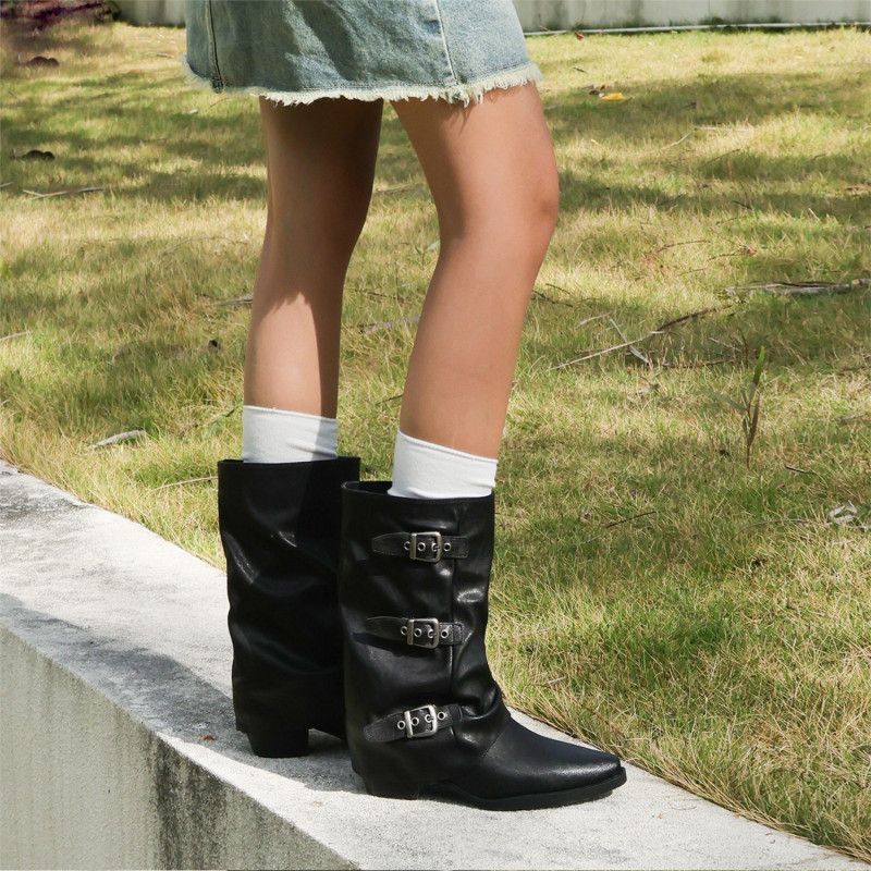 Damen Mid-Calf Stiefel mit spitzer Zehenpartie, dreifachen Zierschnallen und leichtem Blockabsatz Drune