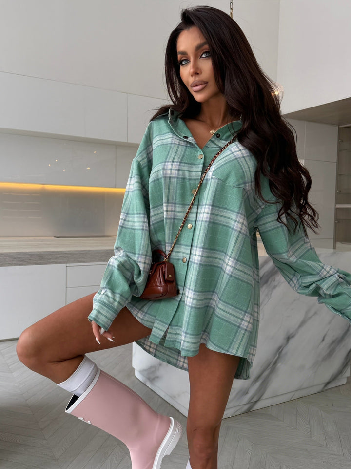 Damen übergroßes Karo-Hemdkleid mit Knopfleiste, Brusttaschen und verlängertem Rückensaum Drune