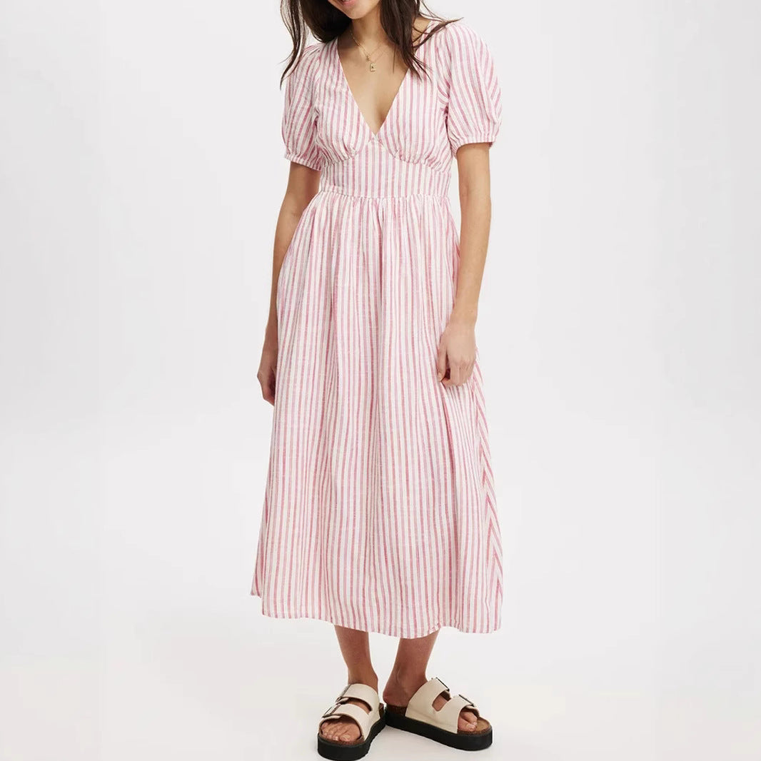 Damen Maxikleid mit V-Ausschnitt und Puffärmeln Drune