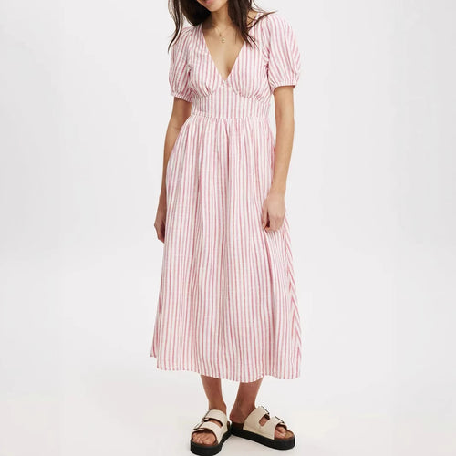 Damen Maxikleid mit V-Ausschnitt und Puffärmeln Drune