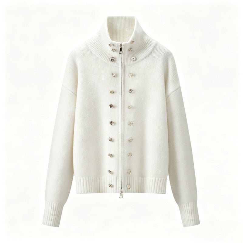 Damen Cropped Strickjacke mit hohem Stehkragen, Zierknopfleiste und Doppelreißverschluss Drune