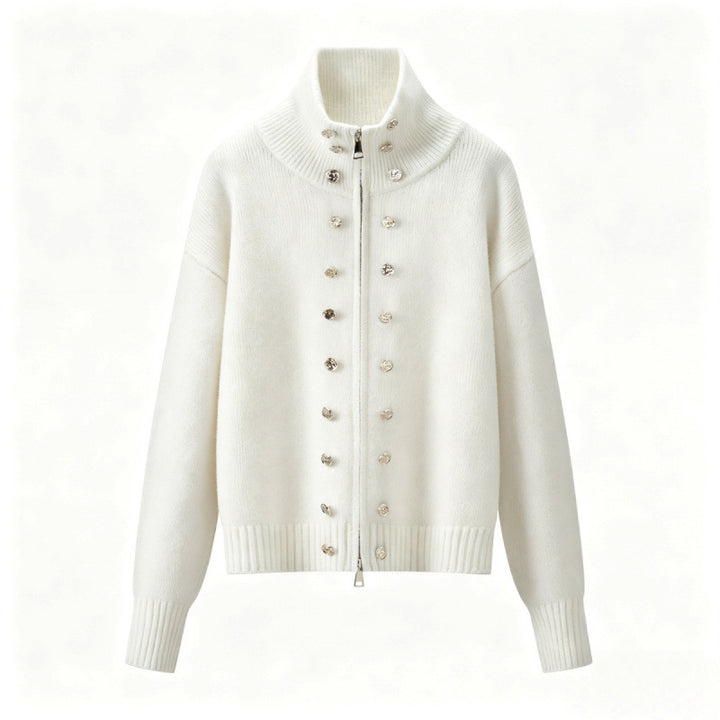 Damen Cropped Strickjacke mit hohem Stehkragen, Zierknopfleiste und Doppelreißverschluss Drune