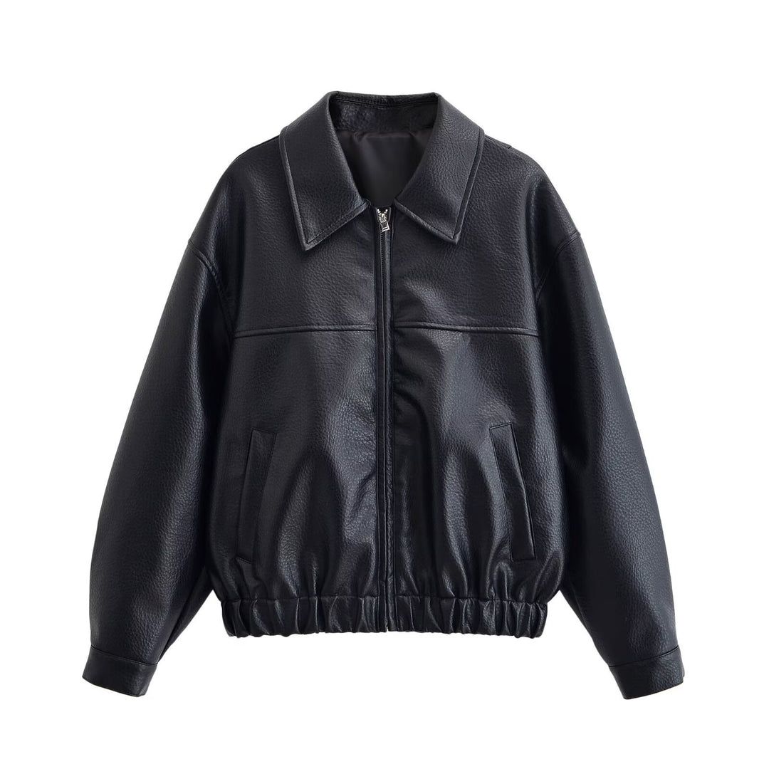 Damen Oversized Kunstleder-Bomberjacke mit Hemdkragen Reißverschluss und elastischem Saum Drune