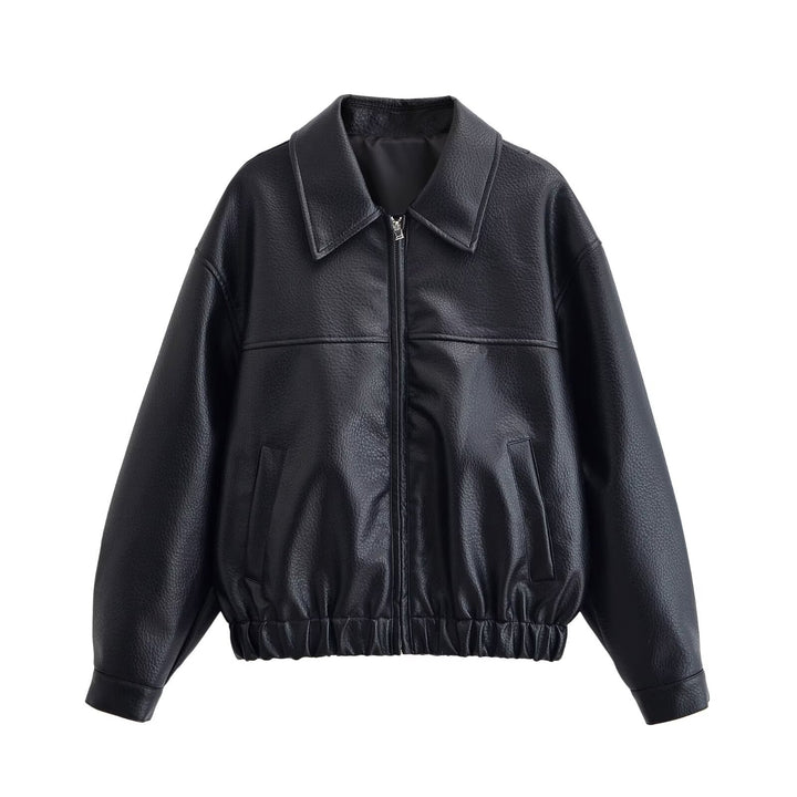 Damen Oversized Kunstleder-Bomberjacke mit Hemdkragen Reißverschluss und elastischem Saum Drune