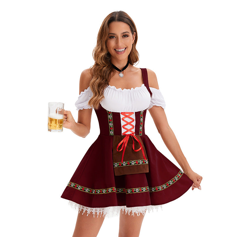 Damen nan traditionelles Oktoberfest Dirndl Minikleid mit Schnürung und abnehmbarer Schürze Drune