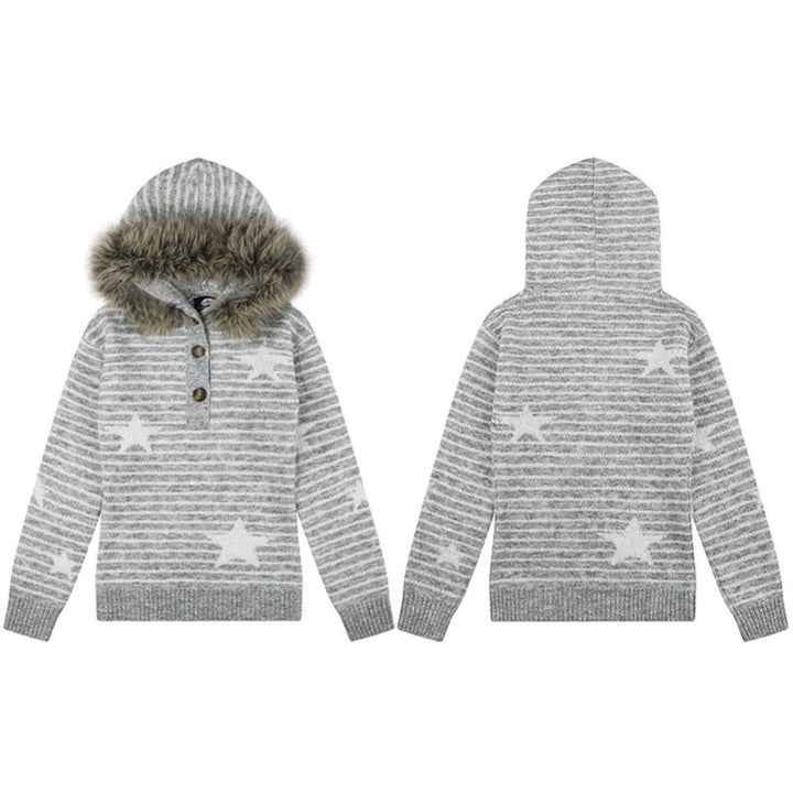 Damen Kapuzenpullover aus Feinstrick mit Kunstfellbesatz, Stern‑Streifenmuster und Knopfleiste Drune