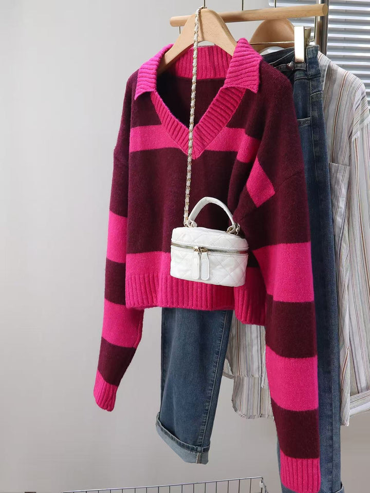Damen Strickpullover mit tiefem V-Ausschnitt und gestreiftem Design Drune