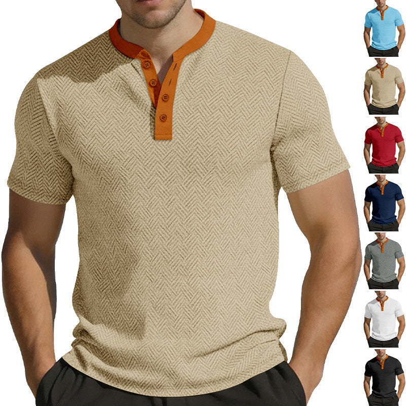 Herren nan schlankes Kurzarm-Henley-Poloshirt mit Mandarin-Kragen und feiner Jacquardstruktur Drune