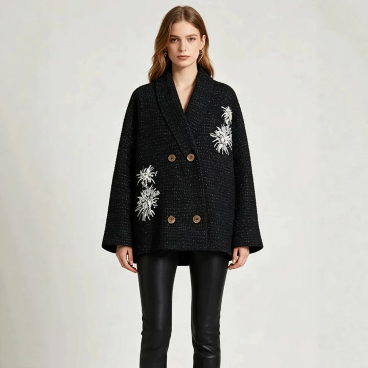 Damen Oversize-Bouclé-Manteljacke mit Schalkragen und floraler Stickerei Drune