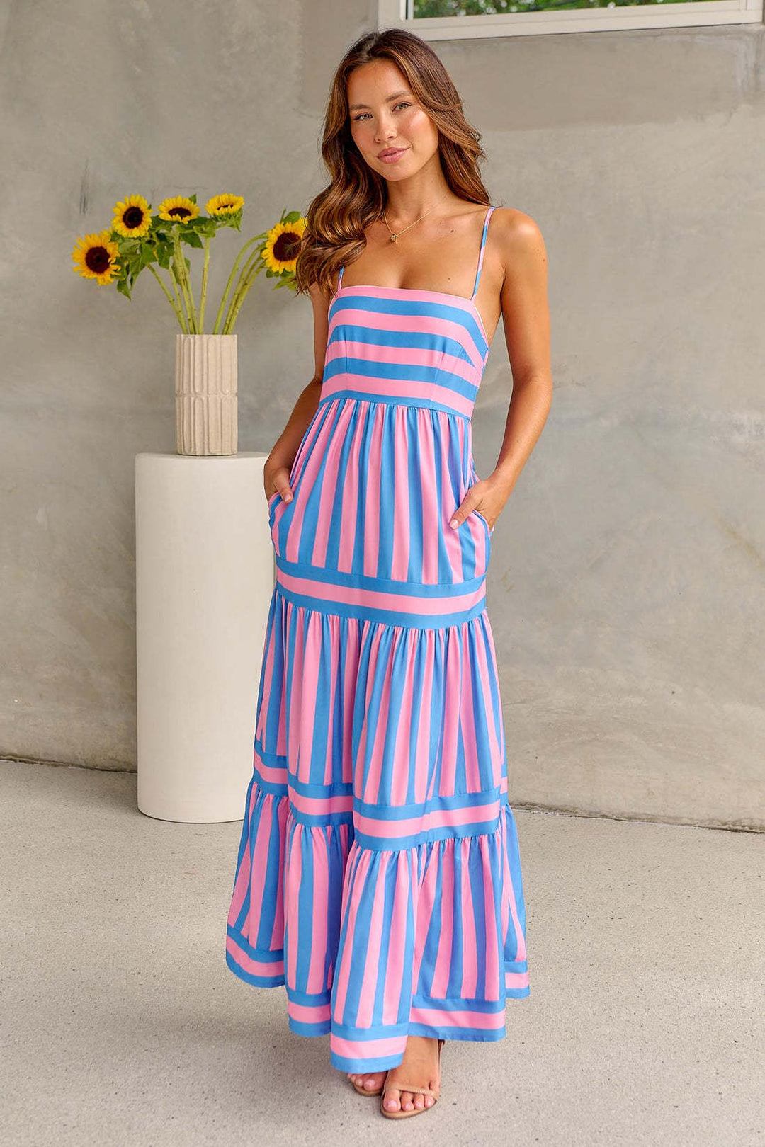 Damen Maxikleid mit schmalen Trägern und gestreiftem Design Drune