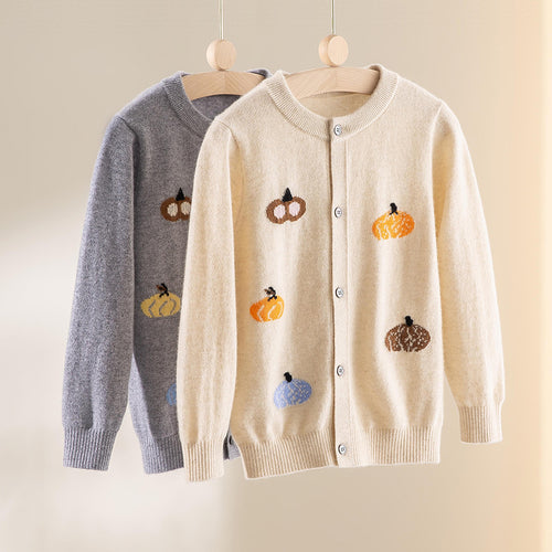Damen Strickjacke mit Intarsia-Kürbismotiven, Rundhalsausschnitt und Knopfleiste Drune