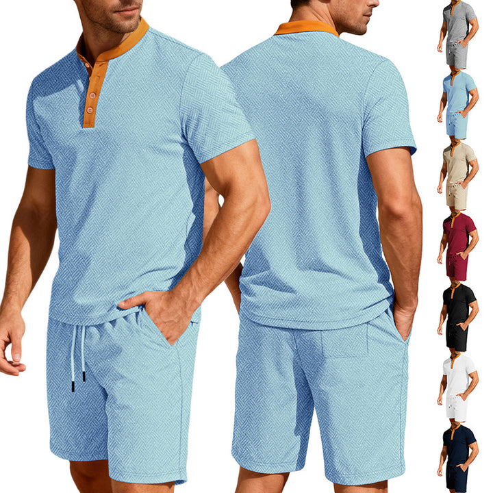Herren nan maritimes Freizeit-Set mit feiner Wellenstruktur Stehkragenblende und Kordel-Shorts Drune