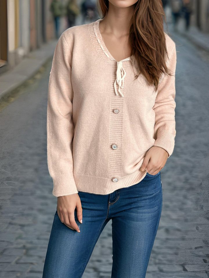 Damen Strickjacke mit dekorativen Knöpfen und Kordelzug Drune