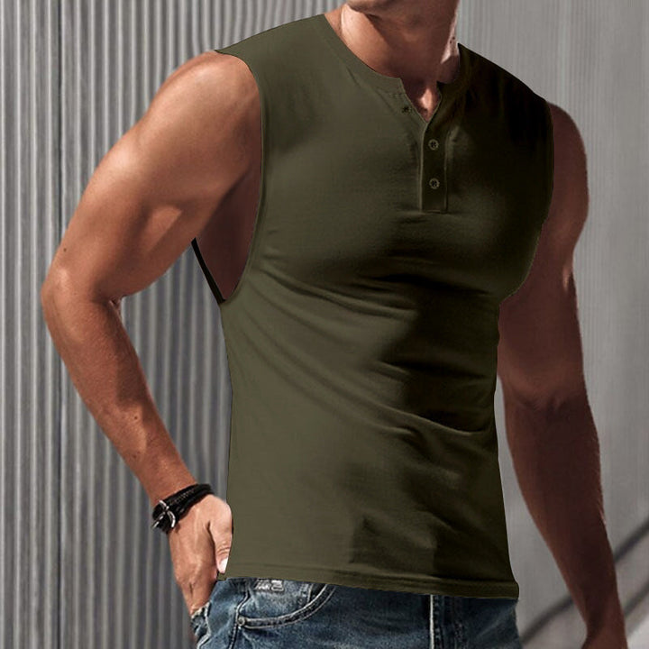 Herren nan ärmelloses Muskelshirt mit Henley-Knopfleiste, tiefem Armausschnitt und elastischem Baumwollmix Drune