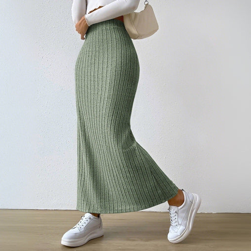 Damen gerippter Midirock mit hohem Bund und figurumspielender A-Linie Drune