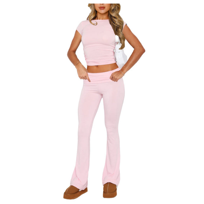 Damen sportliches Set mit figurbetontem Oberteil und ausgestellten Hosen Drune
