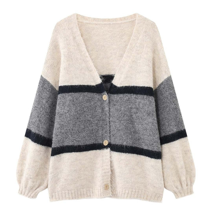 Damen Weicher Oversize-Strickcardigan mit V-Ausschnitt, Blockstreifen und Knopfleiste Drune