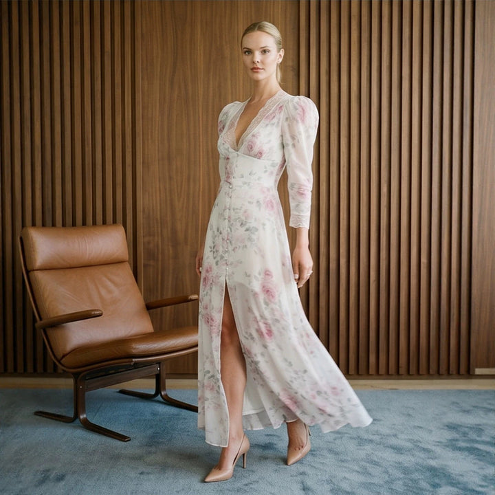Damen Romantisches Chiffon-Maxikleid mit Spitzen‑V‑Ausschnitt, Puffärmeln und vorderem Schlitz Drune